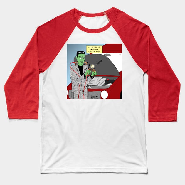 Frankensteins Monster Auto Mechanic Baseball T-Shirt by OutToLunch